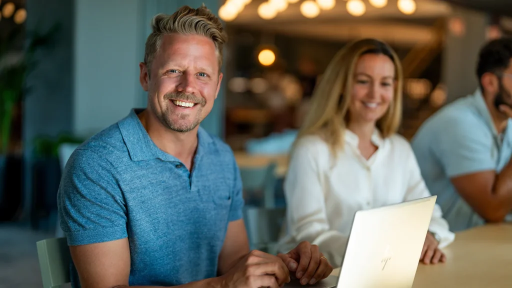 En man sitter vid ett bord tillsammans med kollegor. Han har en öppen laptop framför sig. Han ler mot kameran.