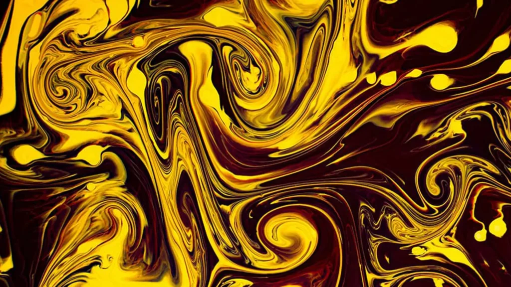 Bild på abstrakt gul och mörk swirl-konst med dynamiska flytande mönster
