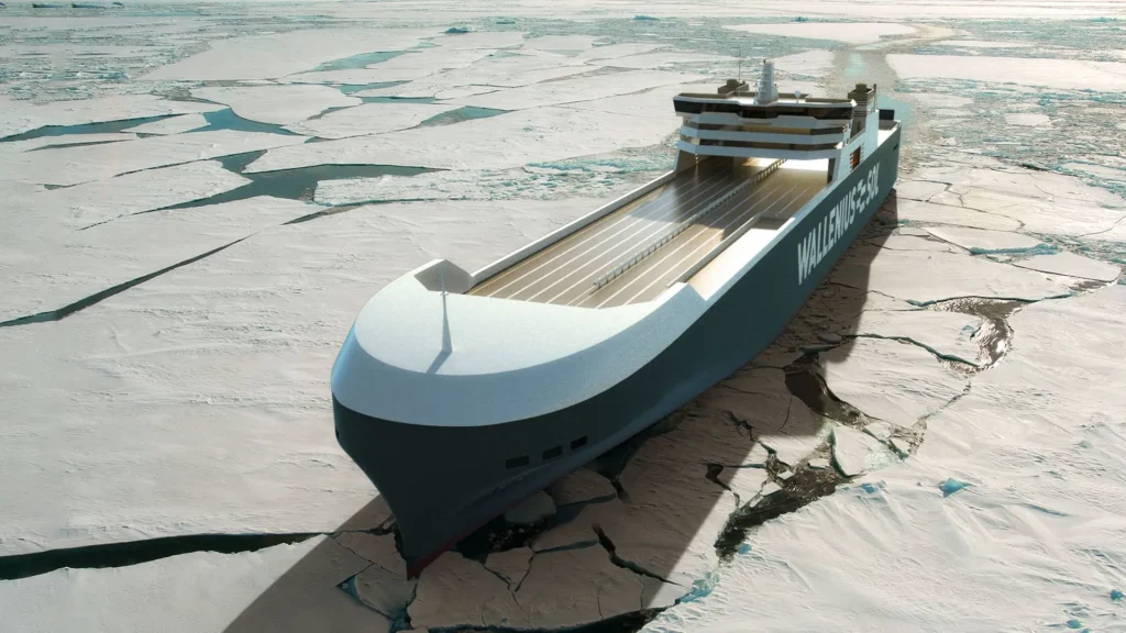 Bilden visar ett förslag på hur det isklassade fartyget från Wallenius SOL ska se ut.